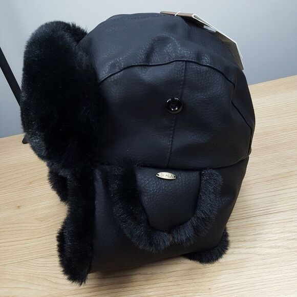 SCALA Trapper Hat Mens Large Black Faux Leather Faux Fur Ear Flaps Lined Winter - Picture 3 of 9